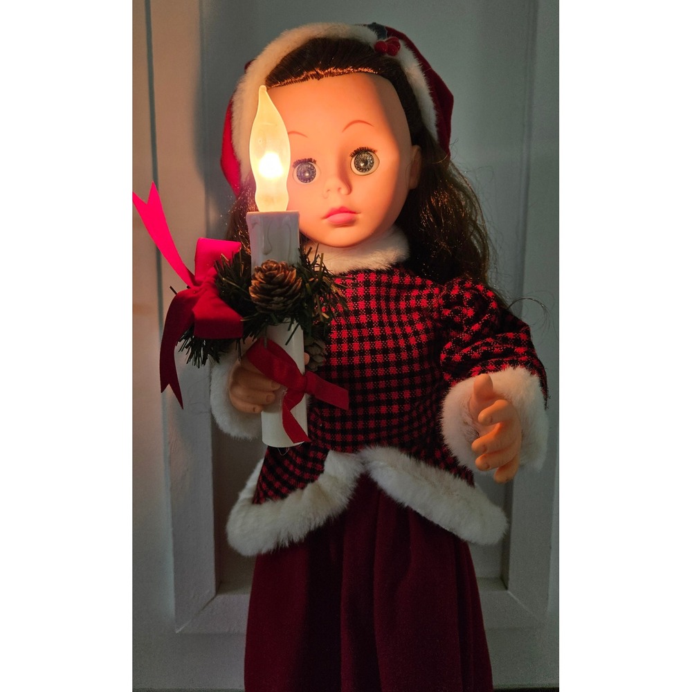 VTG 1991 Victorian Christmas Caroler Doll Motionette Lighted Candle Red Velvet